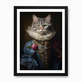 Royal Rococo Style Blue & Gold Cat 2 Art Print