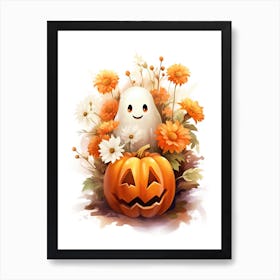 Cute Ghost With Pumpkins Halloween Watercolour 128 Art Print