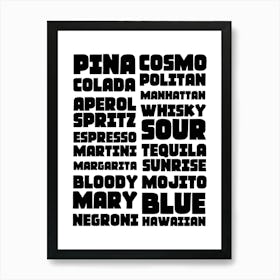 Cocktail Drinks List Typography Black and White Art Print