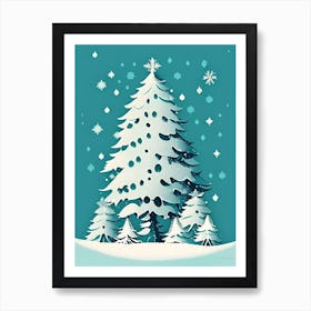Snowfalkes By Christmas Tree, Snowflakes, Retro Drawing 1 Art Print