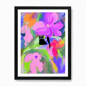 Black Cat Between Oil Painted Flower Art Print