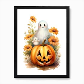 Cute Ghost With Pumpkins Halloween Watercolour 78 Art Print