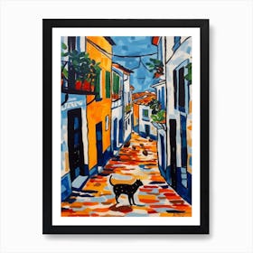 Painting Of A Street In Lisbon Portugal With A Cat In The Style Of Matisse 2 Art Print