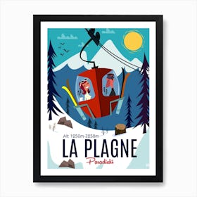 La Plagne Cable Car Poster Blue & White Art Print