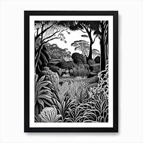 Ballarat Botanical Gardens, 1, Australia Linocut Black And White Vintage Art Print