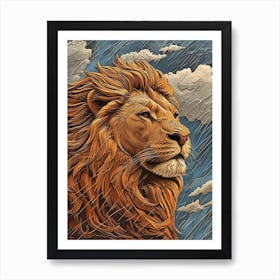 African Lion Relief Illustration Water 2 Art Print