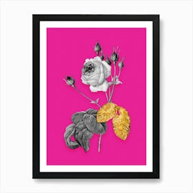 Vintage Cabbage Rose Black and White Gold Leaf Floral Art on Hot Pink n.0787 Art Print