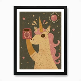 Unicorn Taking A Photo With A Camera Pink Mustard Muted Pastels Art Print