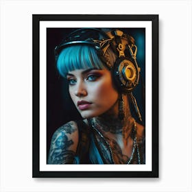 Young Woman With Tattoos And Headphones Art Print