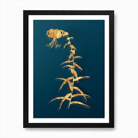 Vintage Tiger Lily Botanical in Gold on Teal Blue n.0161 Art Print
