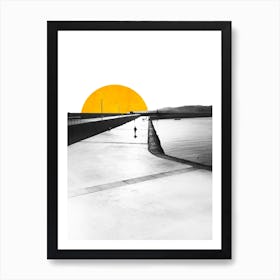Black & White Pier With Yellow Sun Art Print