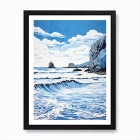 Linocut Of Barafundle Bay Beach Pembrokeshire Wales 2 Art Print