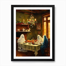 ghosts in a vintage kitchen enjoying their Christm-edit Art Print