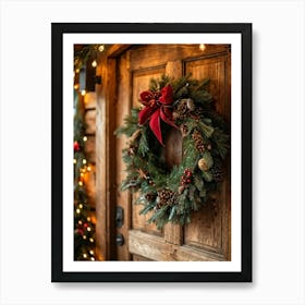 Extreme Close Up Photo Of A Festive Wreath Adorned With Holiday Decorations And Pine Needles Hanging Art Print