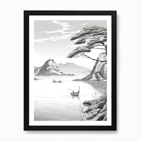 Sado Island In Niigata,, Ukiyo E Black And White Line Art Drawing 4 Art Print