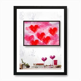 Abstract Acrylic Illustration Of Voluminous Clouds Symbolizing Love With Splashes Of Bright Red Re (1) 2 Art Print