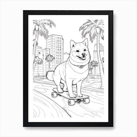 Shiba Inu Dog Skateboarding Line Art 3 Art Print