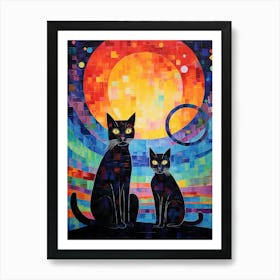 Two Black Cats With A Patchwork Moonlit Background Poster