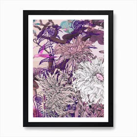 Abstract Botanical Fiddleheads and Dahlias, Plum and Mauve, Collage No.1262-04 Art Print