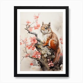 Squirrel, Japanese Brush Painting, Ukiyo E, Minimal 2 Art Print