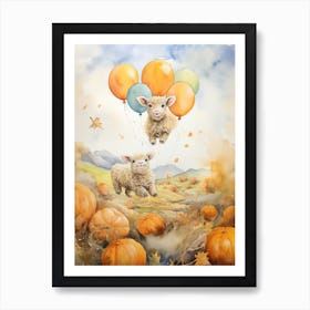 Sheep Flying With Autumn Fall Pumpkins And Balloons Watercolour Nursery 2 Art Print