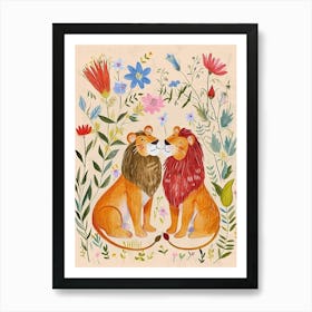 Folksy Floral Animal Drawing Lion 2 Art Print