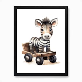 Baby Zebra On A Toy Car, Watercolour Nursery 1 Art Print