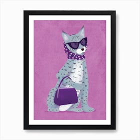 Cool Lynx with Sunglasses and Handbag Fashionable Purple Art Print