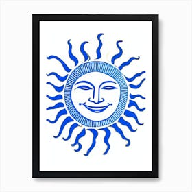 Smiling Sun 1 Symbol Blue And White Line Drawing Póster