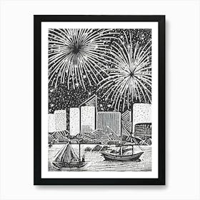 Fireworks Over Yokohama Bay Ukiyo-E Style Art Print