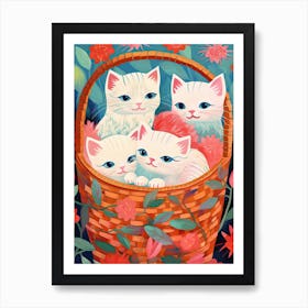 White Kittens In A Basket Kitsch 4 Art Print