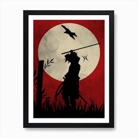 Funny Anime Japanese Silhouette Background Moon And Bird Art Print