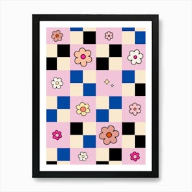 Checkerboard Flower Pink And Blue Art Print