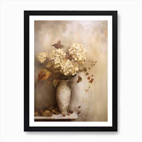 Hydrangea, Autumn Fall Flowers Sitting In A White Vase, Farmhouse Style 1 Art Print