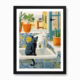 Black And White Cats In The Kitchen Sink, Mediterranean Style 1 Art Print