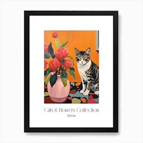 Cats & Flowers Collection Zinnia Flower Vase And A Cat, A Painting In The Style Of Matisse 3 Art Print