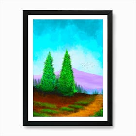 Landscape Scenario Scenic Vista Panorama Horizon Design Illustration Environment Tree Path Mountain Sky Clouds Exterior Nature Green Blue The Forest Art Print