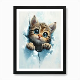 Cute Kitten Cat Peeking From Snow Art Print