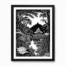 Tirta Gangga, 1, Indonesia Linocut Black And White Vintage Art Print