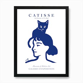 Cat Matisse Catisse Woman With Cat Blue Fun Blue Line Art Face Art Print