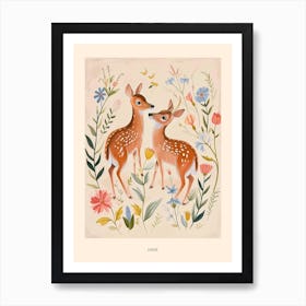 Folksy Floral Animal Drawing Deer Poster Art Print