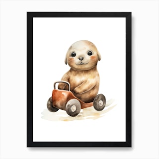 Baby Seal On A Toy Car, Watercolour Nursery 2 Art Print