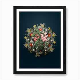 Vintage Robinier Rose Bloom Flower Wreath on Teal Blue n.1264 Art Print