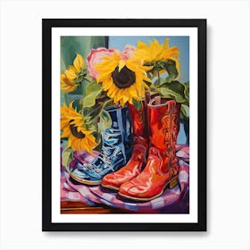 Oil Painting Of Sunflower Flowers And Cowboy Boots, Oil Style 2 Art Print