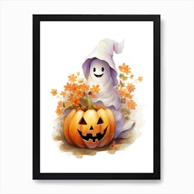 Cute Ghost With Pumpkins Halloween Watercolour 27 Art Print