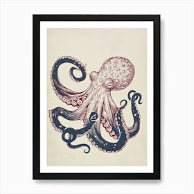 Sepia Red Navy Blue Gradient Octopus Art Print