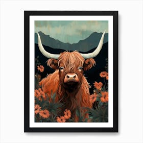 Floral Mountain Illustration Of Highland Cow Art Print