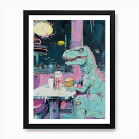 Abstract Dinosaur Eating Breakfast In A Cafe Pink Blue Purple 1 Art Print