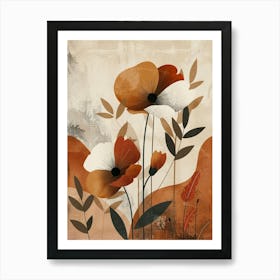 Flowers In Beige, Brown And White Tones, Using Simple Shapes In A Minimalist And Elegant 3 Art Print