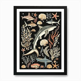 Thresher Shark Seascape Black Background Illustration 1 Art Print